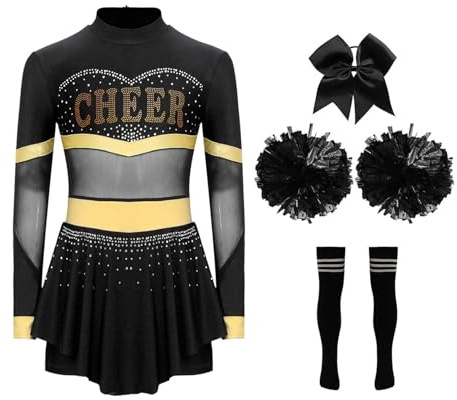 Miutii 4er Set Mädchen Cheer Leader Kostüm Cheerleading Uniform Langarm Kleid mit Pompoms Socken Haarband Halloween Karneval Faschingskostüm