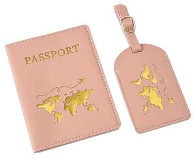 Reisepasshülle und Kofferanhänger Set, Kunstleder Passport Cover mit Koffer Anhänger, für Reisepass, Visitenkarten, Kreditkarten (Rosa)
