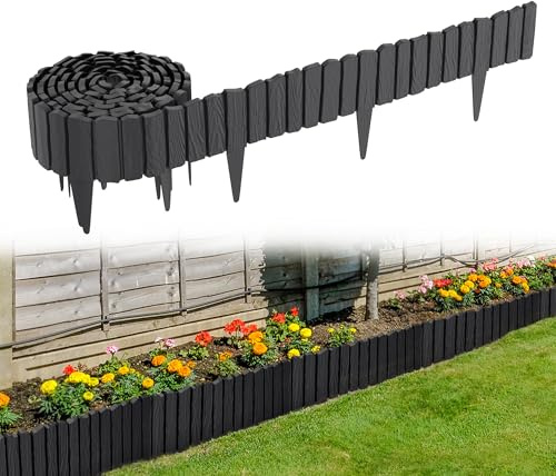 XMTECH Rasenkante Kunststoff Beetumrandung Holzoptik Anthrazit 8er Set | Flexible Gartenbegrenzung aus wetterfestem PP, einfach steckbar und formbar für Rasen, Blumenbeete und Gartenwege