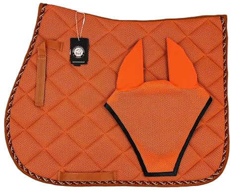 Sottosella Equitazione Traspirante, Lacci di Posizionamento con Chiusura a Strappo, Bordatura Elegante in Cordina Inglese, Completo di Cuffia Coordinata (ARANCIONE SCURO, FULL)