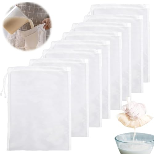 8 Pack Nut Milk Bag, 8”x12” Food Grade Nylon Cheese Cloths for Straining, Fine Mesh Cheesecloth for Straining, Muslin Cloths for Cooking, Reusable Strainer Bag for Yogurt/Juice/Tea