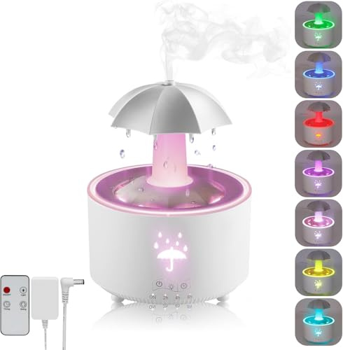 Humidifier for Bedroom, 7-Color Rotating Umbrella Humidifier, Rain Sounds White Noise Air Humidifiers with Remote & Timer, Humidifiers Aroma Diffuser for Bedroom, Auto Shut Off, 300ML (White)