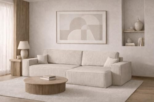 Kaiser Möbel - Ecksofa mit Schlaffunktion und Bettkasten, Schlafsofa mit Bettzeugbehälter, Wohnlandschaft L-Form, Klappsofa, Relaxsofa, Cordstoff, Bequemes Couch für Wohnzimmer, BEST XL, Beige, Rechts