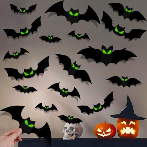 VEYLIN 144 Stück Leuchtende Augen Halloween Fledermaus Deko Set - Deko Fledermäuse mit Fluoreszierenden Augen - Perfekt für Halloween Dekoration Outdoor & Indoor ﻿