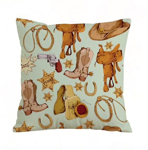 ERRTU Kissenbezug 50x50 cm,Western-Dekor, Wild-West-Cowboy, nahtloses Muster mit Lasso, Pferdesattel, Sherif,Dekokissen Kissenbezüge Deko Kissen Bezug Wohnzimmer Zierkissen für Sofa Stuhl Bett Garten