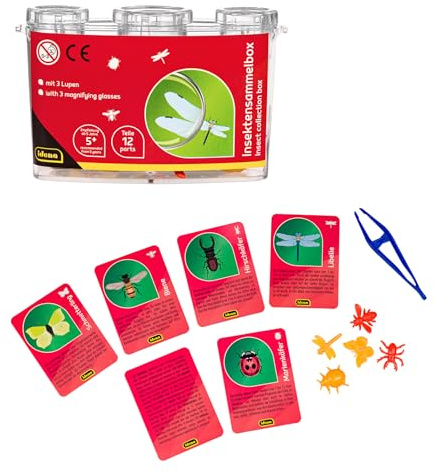 Idena 40329 - Boîte à Insectes avec 3 loupes, Pince et Cartes d'identification, 5 Petits Insectes en Plastique, loupe à Main pour Enfants à partir de 5 Ans