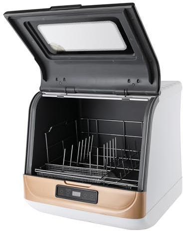 Mini lavavajillas portátil con diferentes modos de limpieza, mini lavavajillas control táctil, lavavajillas de mesa, encimera con tapa flip top para cocina de casa, apartamentos (dorado)