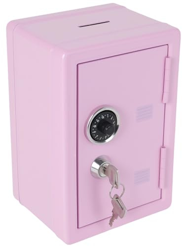 Tirelire coffre-fort verrouillable en métal pour enfants pour ranger de l'argent liquide et des objets de valeur 12 x 10 x 18 cm avec fente pour pièces de monnaie et 2 clés (rose)