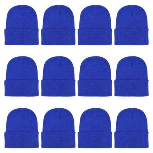 ZH 12-Pack Knitted Winter Beanie Hats for Men and Women, Warm and Cozy Cuffed Skull Caps, Bulk Purchase Blue
