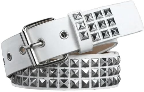 Ulekuke Metal Punk Rock Rivet Studded Belt for Women Men, Gothic Belt with Bright Pyramid Studs(WH)
