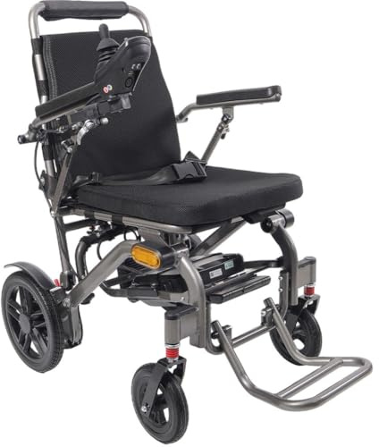 Juodkeo Silla de ruedas de transporte compacta todo terreno para adultes y mayores - Plegable ligera eléctrica, 2 motores sin escobillas anti-ruido con 1 batería litio-ión