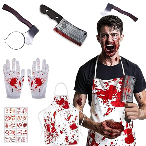 FiveMileBro Disfraz de Carnicero de Halloween: Delantal Sangriento, hacha en cabeza, cuchillo, guantes sangrientos & realistas cicatrices. Sangriento Carnicero Disfraces Terror Halloween/Cosplay