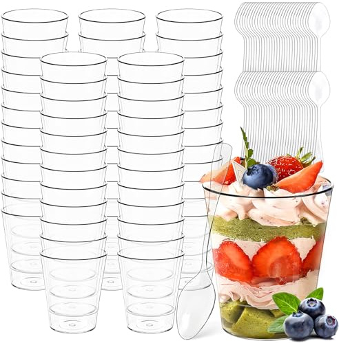 CIANBIFN Bicchieri da Dessert con Cucchiaio, 60 Pezzi 55 ml/2 oz Bicchierini Finger Food, Mini Coppette da Dessert, Riutilizzabili Tazze da Dessert per Budini, Mousse, Gelati, Compleanni, Matrimoni