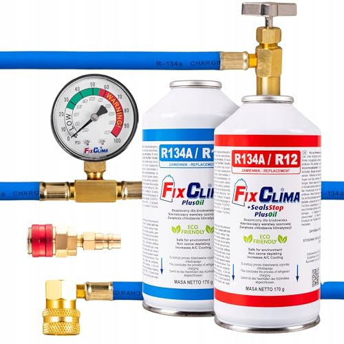 FixClima Kit Recharge R134A pour Systèmes de Climatisation Automobiles 1994-2016 - Gaz Réfrigérant 3en1 avec Manomètre et Lubrifiant Universel