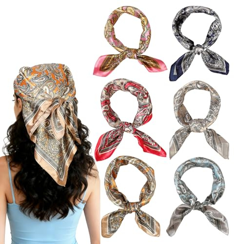 TianFukj 6 Stück Kopftuch Damen, Bandana in 6 Farben, Glatter Bandana Tuch Quadratischer, Kopftücher für Damen, Satin Tuch für Kleidung, Hals, Kopf
