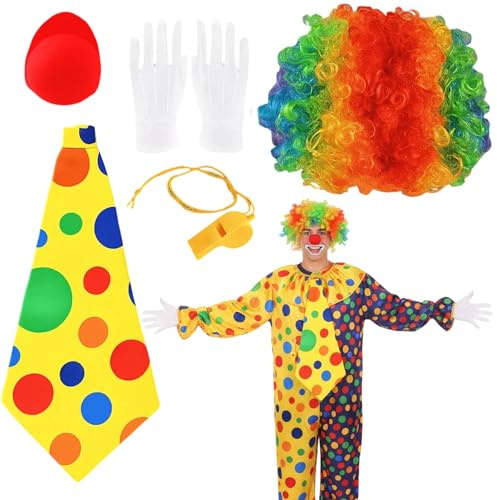Clown Kostüm Herren Set, Clown Kostüm Erwachsene Mit Perücke Und Zubehör, Perfektes Karnevalskostüm Für Feste Und Partys, Inklusive Clowns Perücke, Clowns Nase, Fliege, Handschuhe Und Trillerpfeife