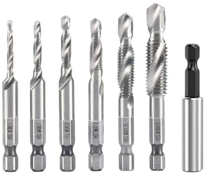 Abiyou Forets et Tarauds Combinés, 7 Pièces Foret Taraudeur, Foret Taraud Filetage Métrique, Foret Taraudeur HSS, Kit Taraudage, pour Perçage et Taraudage Simultané, Outils Multifonction (Argent)