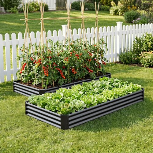VERFARM 2PCS Metal Galvanized Raised Garden Bed Kit, 8 x 4 x 1 ft Galvanized Steel Raised Garden Planter Box Beds Set of 2 Steel Kit with Open Base for Vegetables Flowers Herbs Fruits, Black