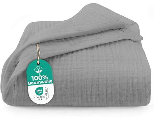 Dreamzie Musselin Tagesdecke 180x220 cm – Baumwolldecke Oeko-Tex Zertifiziert – Atmungsaktive Kuscheldecke – leichte Kuscheldecke Baumwolle als Sofa-, Bett- & Couchüberwurf – Hellgrau