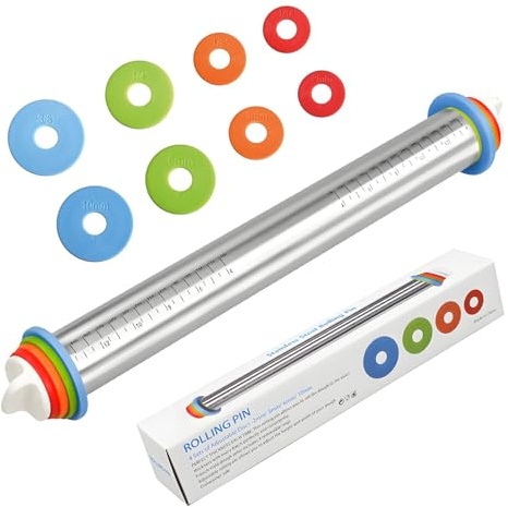 Rouleau à pâtisserie réglable en acier inoxydable avec bagues d'épaisseur et poignées | Rouleau à pâte de précision pour pizza, pâtes, biscuits et pâtisserie (B)