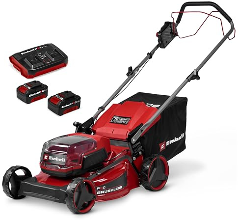 Einhell sladdlös gräsklippare GC-CM 36/46 S Li BL Kit Power X-Change (36 V, 46 cm klippbredd, upp till 500 m², Brushless, drivna hjul, 50 l säck, inkl. 2x 4,0 Ah + 1x Twincharger)