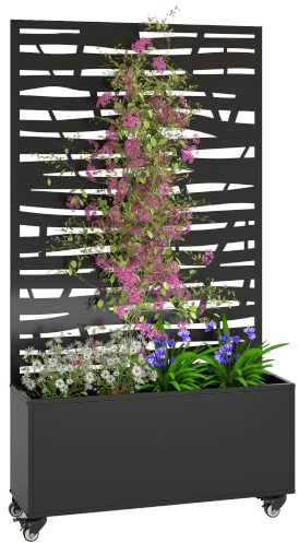 Outsunny Jardinière avec Treillis Branches Entremêlées 90x30x160cm Noir | Bac à Fleurs, Lit Surélevé avec Brise-Vue et Roulettes Verrouillables, pour Plantes Grimpantes, Légumes, Métal