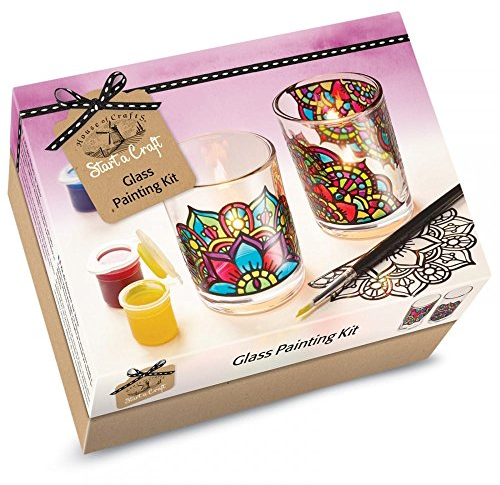 House Of Crafts Glass Painting, Single Craft Kit, Multicoloured, Start A Craft Set Includes 2 Candle Glasses, Peel Off Outlines, 5 Glass Paints, Artist’s Brush, Instructions