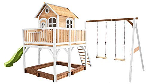AXI Liam Maison Enfant avec Bac à Sable, 2 Balançoires & Toboggan Vert Clair | Aire de Jeux pour l'extérieur en Marron & Blanc | Maisonnette/Cabane de Jeu en Bois FSC