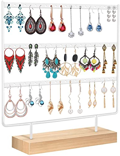 Anicoll Schmuckständer Ohrringhalter Ohrring ständer, Ohrring Organizer Schmuck Organizer- Schmuck-Aufbewahrung mit Metallstange massiv Holz Basis Weiß