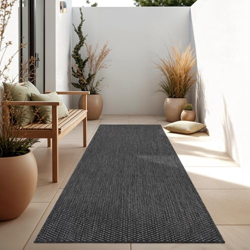 Paco Home Outdoor Teppich, Wetterfest Pflegeleicht Küchenteppich Ideal für Terrasse Balkon Garten, Flachgewebe Sisaloptik Modern Einfarbig meliert, 80x150 cm Läufer, Anthrazit