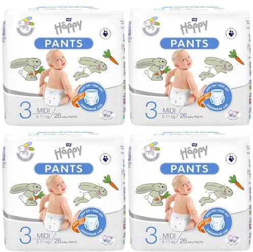 bella baby Happy Pants Gr.3 Midi (6-11 kg), 104 Stück (4x26) – Trainingshose & Windelhöschen zum Hochziehen