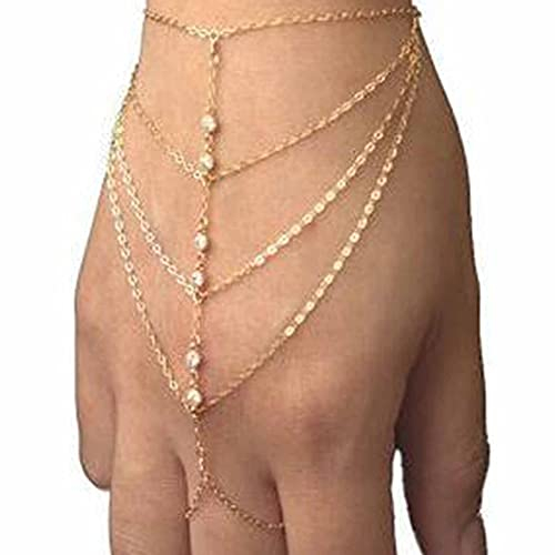 Yheakne Boho Fingerring Armbinde Gold Strass Sklave Kettenarmband Vintage Layered Quaste Armband Personalisieren Handkette Schmuck für Frauen und Mädchen Geschenke (Style 1)