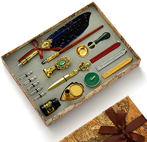 Joyeee Glitzernde Feder und Tinte Set, 16 Stück Antik Dip Federm ppchen Set mit Siegelwachs Stempel Kit, Weihnachten Geschenkbox für Ihn Schreiben, Zeichnen & Home Desk Retro Dekoration #86