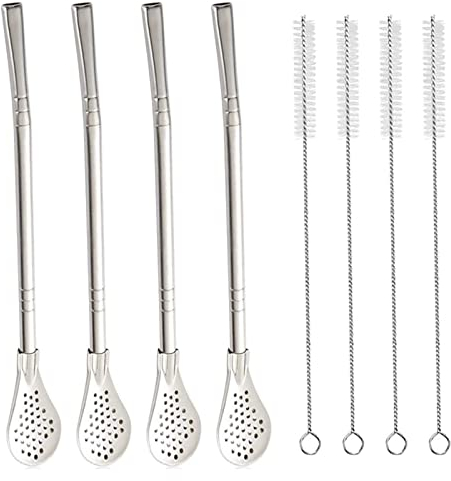Yerba Mate Lot de 4 cuillères filtrantes amovibles en acier inoxydable et 4 brosses de nettoyage, pailles Bombilla, bâtonnets mélangeurs réutilisables, agitateur en métal pour café, thé(argent)