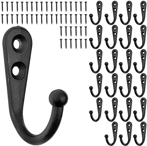 Haken zum Schrauben, 24 Stück, in Schwarz, Außen 42 x 27 x 13 mm, Einzelhaken inkl. Holzschrauben, Garderobenhaken für Tür, Bad, Küche, Flur, DIY Metallhaken, Mantelhaken, Huthaken, Wand Schraubhaken