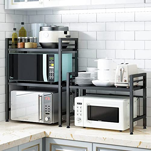 HYGRAD 2 Tier Heavy Duty Extendable Adjustable Microwave Oven Stand Kitchen Organiser Tidy Oven Rack,2-Tier Shelf and Organizer 3 Hooks, Carbon Steel Shelf