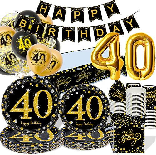 40 ans Decoration Anniversaire Vaisselle, Femme Homme Vaisselle de Fête avec Noir Or Ballons 40 Anniversaire Mariage, Carton Assiettes, Serviette Papier, Gobelet, Nappe, Bannière, Table Décor