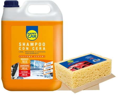 Happy Car - Kit Autolavaggio Spugna, Shampoo e Panno - Cera Auto 5l - Lucidante e Protettivo per la Carrozzeria - Concentrato - Asciugatura Rapida - Panno Delicato in Pelle Sintetica - Agrumi