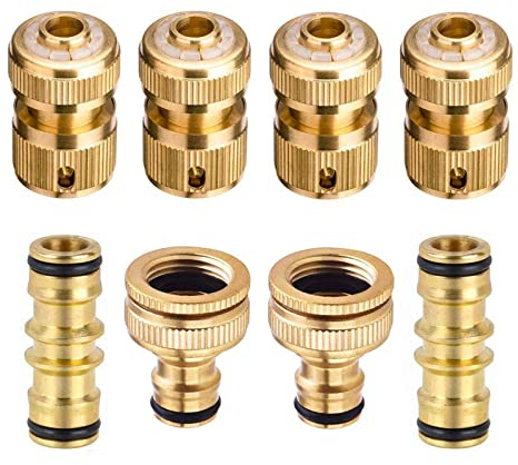 Cossteo Juego de 8 conectores rápidos de latón para manguera de jardín, adaptador de rosca hembra 2 en 1 de 1/2 y 3/4 pulgadas, accesorios de manguera de 1/2 pulgada, conectores rápidos macho dobles,
