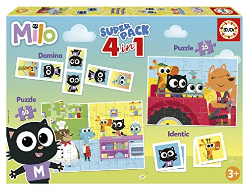 Educa - Milo Superpack 4in1, inkl. Domino, Memo Spiel und 2 Puzzles, für Kinder ab 3 Jahren (19684)