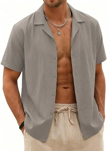 Halfword Mens Linen Shirts Short-Sleeve Summer Casual Beach Shirts Button Down Loose fit Hawaiian Holiday Wedding Cheesecloth Tops | Cheesecloth, Breathable, Casual, Button Down, Loose fit, Summer, Hawaiian, Holiday, Wedding
