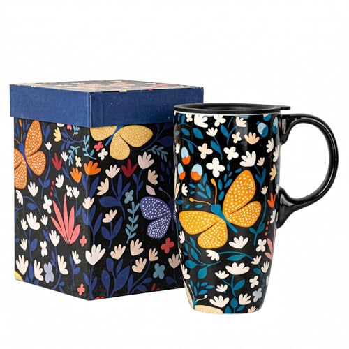 Topadorn Ceramic Travel Mug 17oz - Reusable Coffee Tea Cup with Sealed Lid and Handle - Microwave & Dishwasher Safe for Commute Office Home - Yellow Butterfly