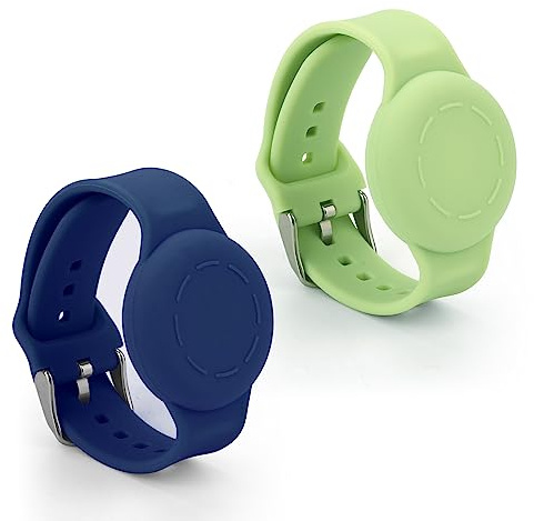2 Delar Barnarmband för Airtag, Vattentätt Lätt Silikonarmband för Apple Air Tag Justerbart Mjukt Klockband för GPS-Spårningsmärkning (Mörkblå, Ljusgrön)