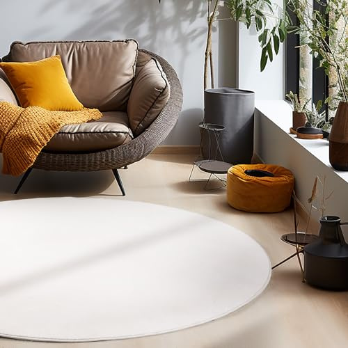 HomebyHome Waschbarer Teppich Rund 160 cm Creme Einfarbig Kurzflor Modern Weich rutschfest Pflegeleicht Maschinenwaschbar für Wohnzimmer Schlafzimmer Esszimmer