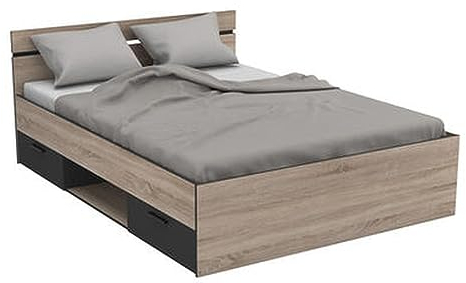möbelando Bett >Michigan< in Sonoma Eiche/schwarz aus Holzwerkstoff - 145x74x195cm (BxHxT)