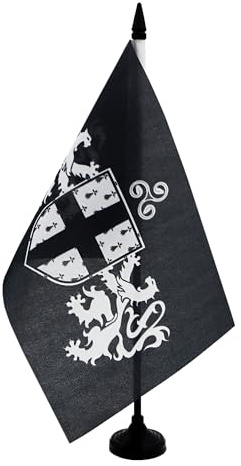 AZ FLAG Drapeau de Table Blason de la Bretagne 21x14 cm Socle Plastique | Usage intérieur Drapeau de bureau breton finition cousue et bords renforcés avec mât en plastique et socle en plastique