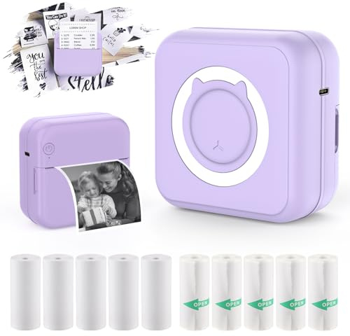 Mini Taschendrucker, Tragbarer Thermo Fotodrucker mit 6 Rollen Druckpapier für iOS/Android Bluetooth Tintenloser Drucker Etikettendrucker für Tagebücher, Studiennotizen, Etiketten, Memos(Lila)