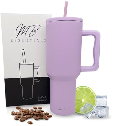 MB Essentials Thermobecher mit Strohhalm & Henkel – 1200ml Edelstahl Becher to go | Isolierter Tumbler mit Deckel & Griff | für warme & kalte Getränke | Geschenkidee (Lavendel)