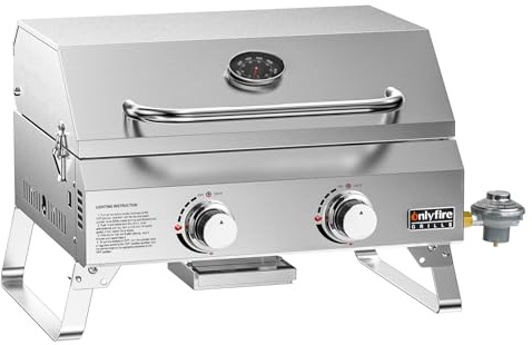 ONLYFIRE GRILLS Tabletop Gas Grill 2 Burners, 20 Portable Propane Grill with Foldable Legs for Outdoor Patio Backyard Camping Tailgating RV Trip Beach, Stainless Steel Gas Stove 16000BTU, GS322