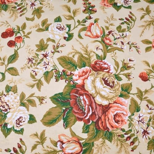 Textrend Baumwollstoff - Stoff zum Nähen - 100% Baumwolle - Textilien 1x1.6m - Stoffe Meterware - Blumenmotive (Englische Rosen auf einem beigen Hintergrund)
